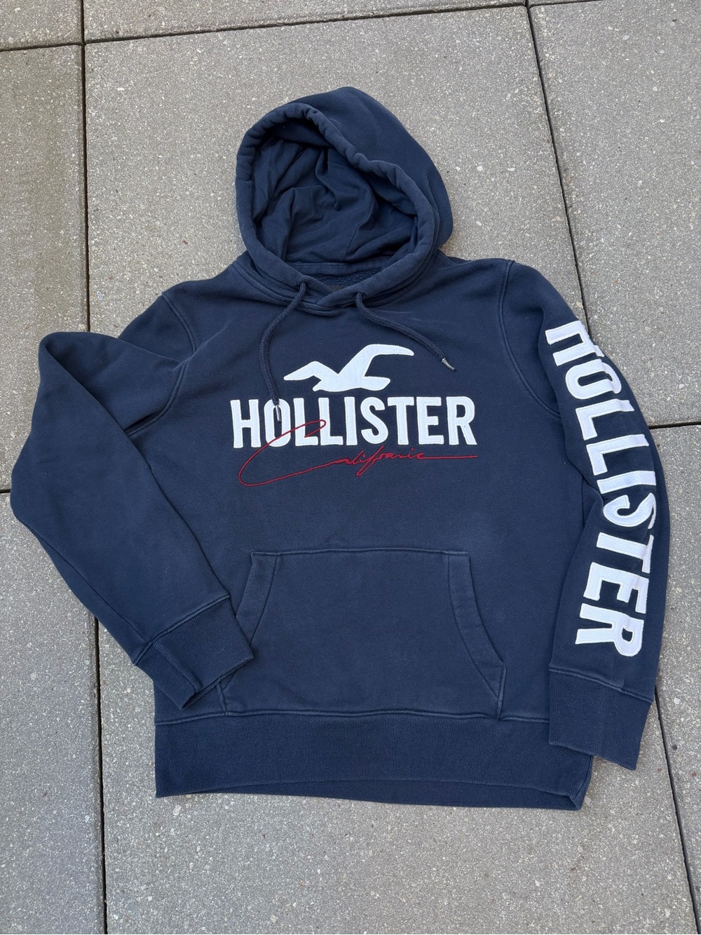 Hollister Navy Blue Spellout Hoodie Embroidered Logo Y2K Small